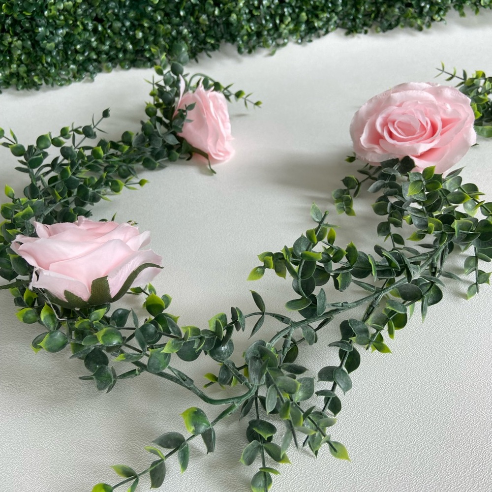 Custom Made 6 Ft Boxwood Garland with Roses Blush Dusty Rose Light Blue Royal